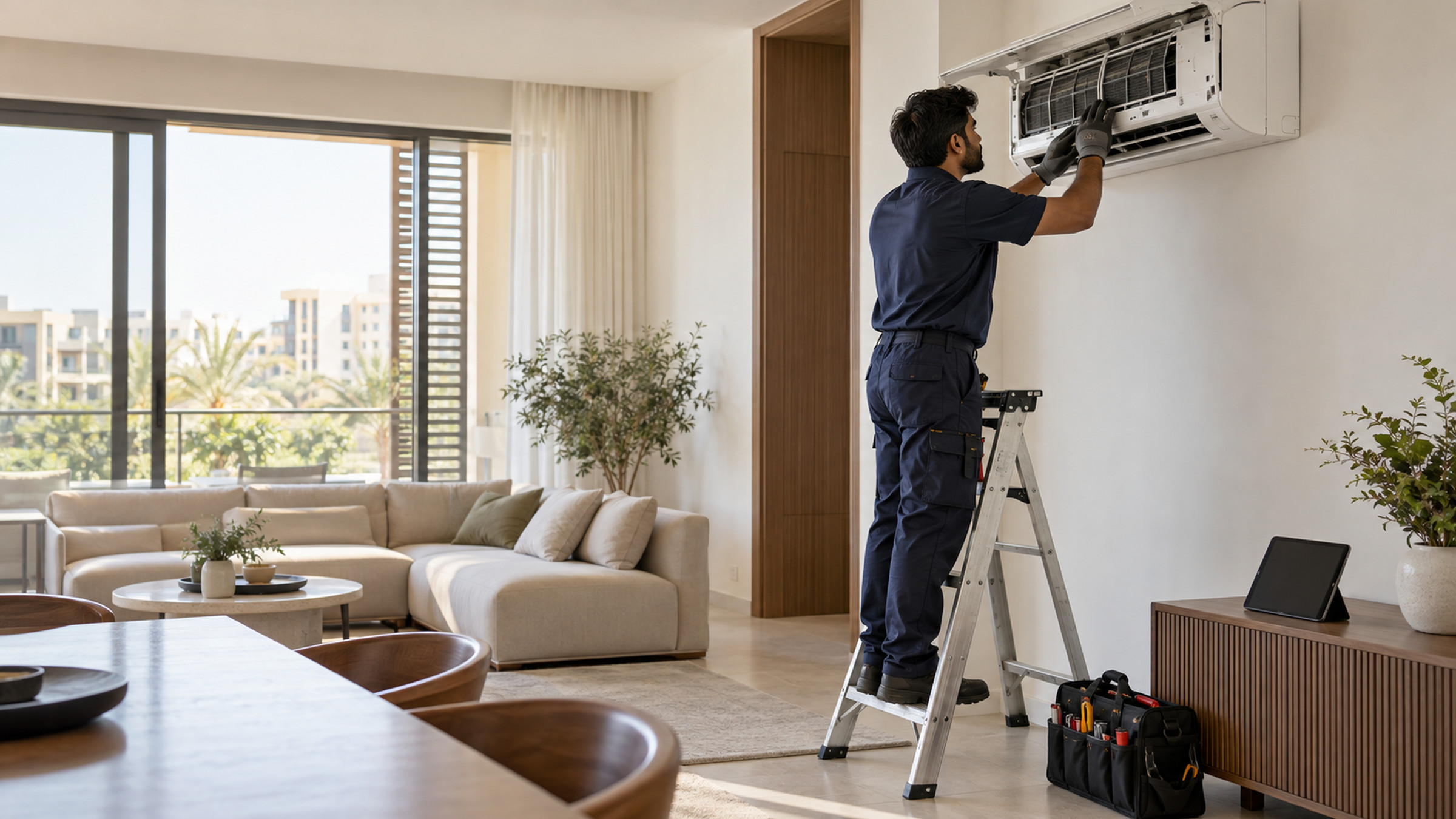 Technician servicing a wall-mounted air-conditioning unit in a modern apartment.
